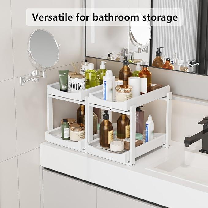 Bamboo Under Sink Organizer Adjustable Height 2 Tier Bathroom Organizer Pull Out Cabinet Storage Kitchen Heave Duty Wood Slide Ou Shelf for Kitchen Bathroom (White, 2 Packs) - NeatNest
