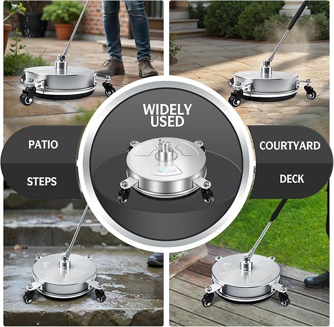 RAYNEL 14'' Pressure Washer Surface Cleaner with 4 Wheels, Stainless Steel Housing, 1/4" Quick Plug, 2 Extended Wands, 2 Replacement Nozzles - NeatNest