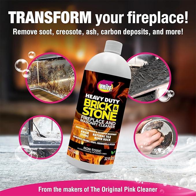 Quick'n Brite Fireplace Brick and Stone Cleaner 32oz with Scrub Brush - Natural Stone, Tile, and Marble Cleaner - Indoor Fireplace and Wood Stove Cleaning Kit - Pellet Stove Creosote Remover - NeatNest