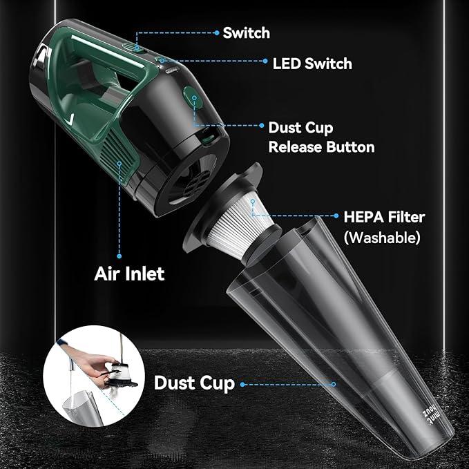 Minthouz Handheld Vacuum Cordless, Strong Suction Car Vacuum Cleaner with LED Light, Long Runtime Hand Vacuum Cordless Rechargeable, Hand Held Vac with Charging Base for Home/Car/Pet/Office - NeatNest
