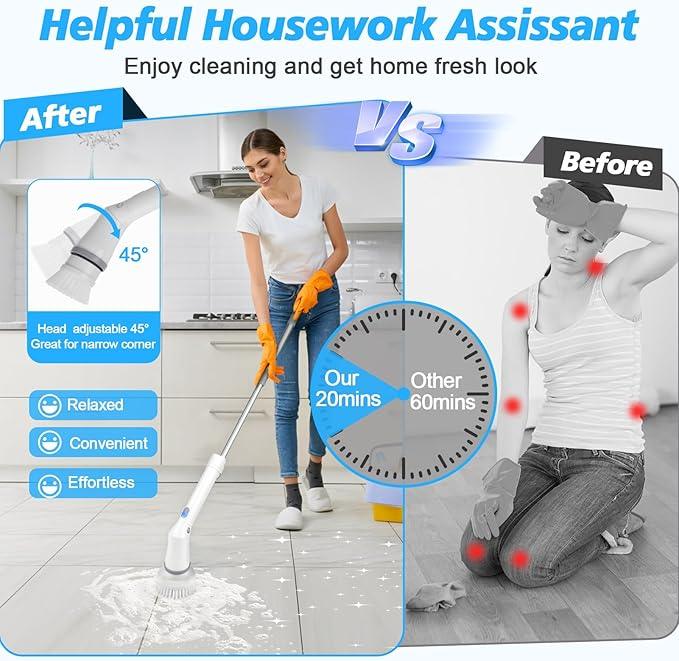 Qimedo Upgrade Rechargeable Electric Scrubber for Cleaning, 45-inch Handheld Spin Scrubber with Extended Long Handle, Cordless Power Dish Scrubber with 6 Brushes for Bathtub Grout Tile Floor - NeatNest
