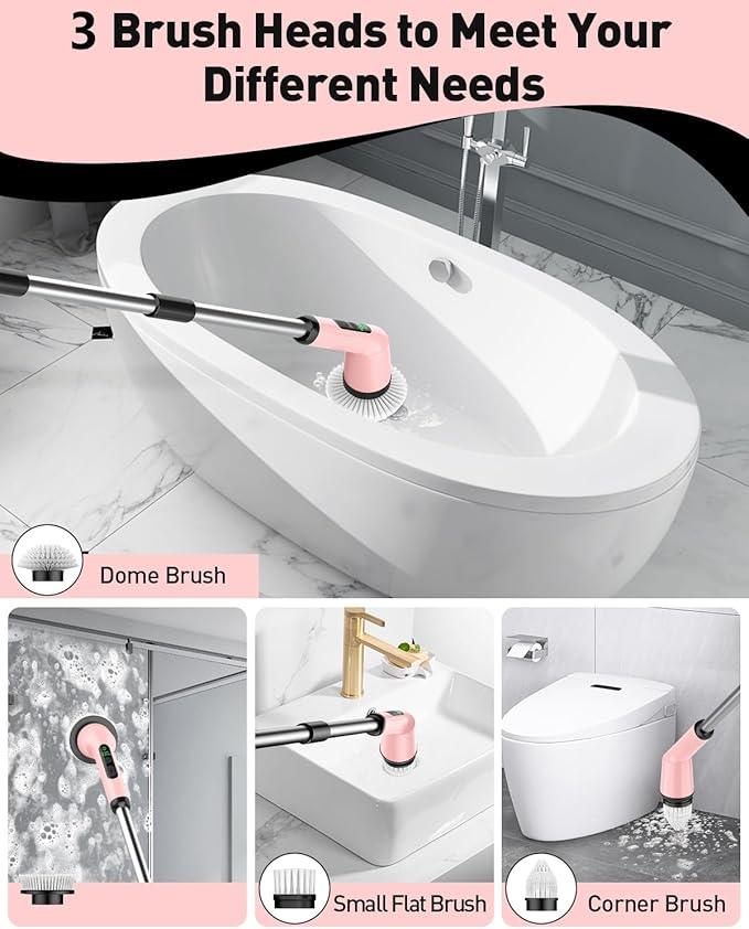 Electric Spin Scrubber for Cleaning Bathroom, Shower Scrubber Cordless Cleaning Brush with IPX7 Waterproof & 2 Speed, 3 Brush Heads, Bathroom Cleaning Supplies for Shower Tub Kitchen Tile Toilet Pink - NeatNest