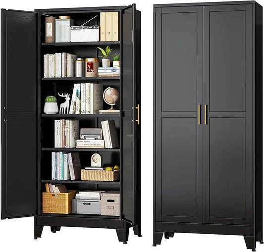 Black Metal Storage Cabinet,75" Steel Cabinets for Home Office, Kitchen Pantry Storage Cabinet with Doors and 5 Adjustable Shelves, Tool Cabinets, for Office, Home, Garage, School - NeatNest