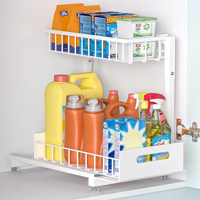 Pro Under Sink Organizer Storage: Premium Metal 2-Tier Pull-Out Wire Basket Organizer, L Shape Height Adjustable, Easy Installation | Kitchen & Bathroom Cabinet Organizers Pack 1 White - NeatNest
