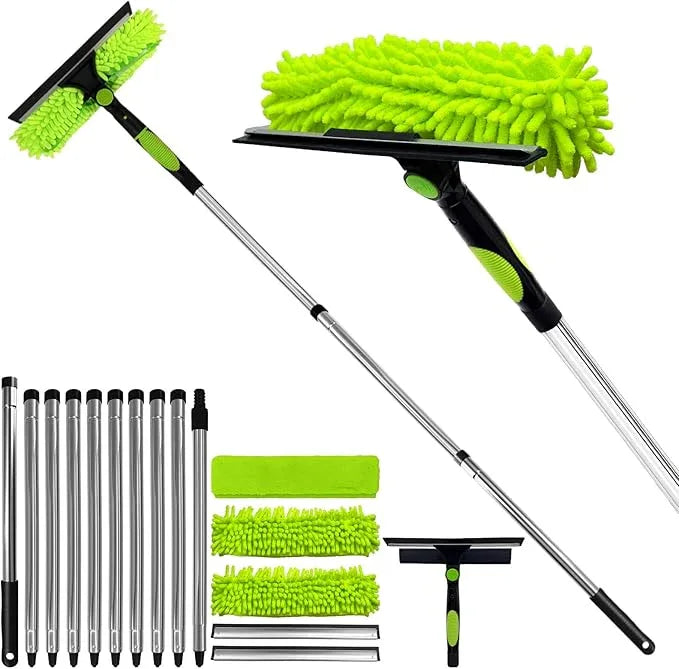 Professional 152" Window Squeegee Cleaner Tool with Extension Pole, 2-in-1 Squeegee for Window Cleaning Kit with Scrubber and Rotating Head, Window Cleaner for Car, Sliding Door, Shower Glass Door - NeatNest