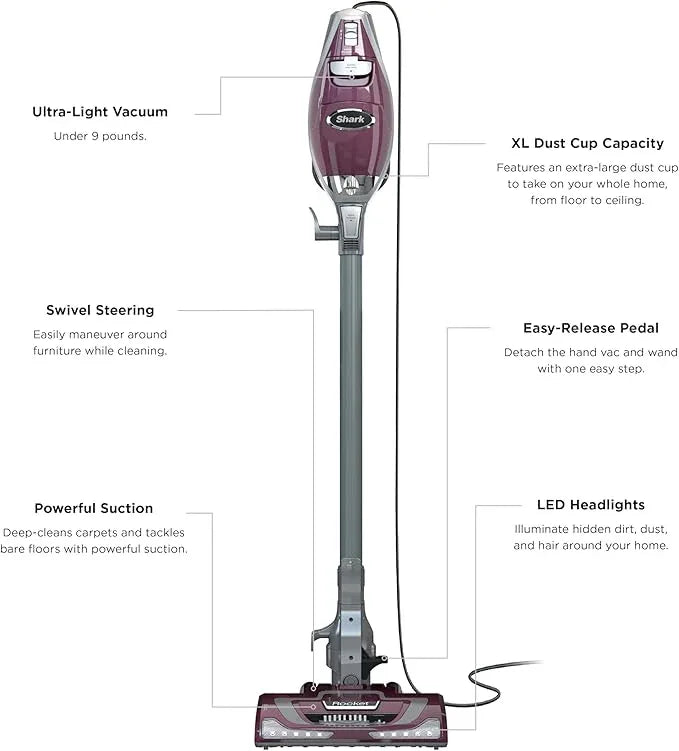 Shark HV322 Rocket Pet Plus Corded Stick Vacuum with LED Headlights, XL Dust Cup, Lightweight, Perfect for Pet Hair Pickup, Converts to a Hand Vacuum, with (2) Pet Attachments, Bordeaux/Silver - NeatNest