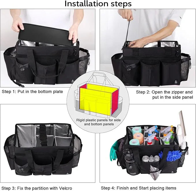 Large Wearable Cleaning Caddy Bag with Detachable Divider, Cleaning Organizer with Handles, Cleaning Supply Tote with Adjustable Shoulder Strap&Waist Belt for Cleaners & Housekeeper (Black) - NeatNest
