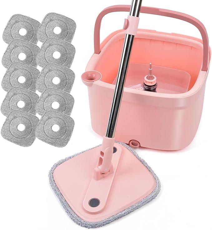 KZKR Square Spin Mop and Bucket Set with Self Separation Dirty and Clean Water System, Self Wringing 360° Rotating Mops Head with 10 Replaceable Microfiber Pads for Home Floors Cleaning - NeatNest