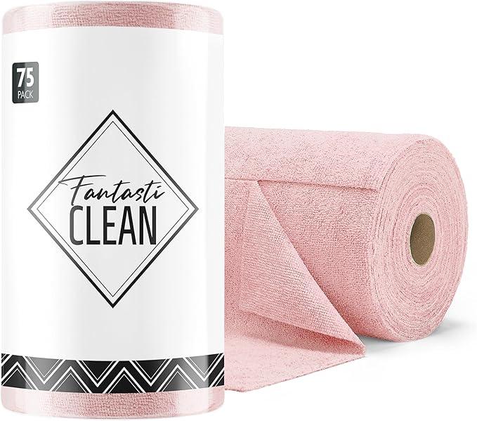 Fantasticlean Microfiber Cleaning Cloth Roll -75 Pack, Tear Away Microfiber Towels, 12" x 12", Reusable, Washable, Scratch Free, Ultra Absorbent Dish Rags for Car, Home, Garage or Shop (Pink) - NeatNest