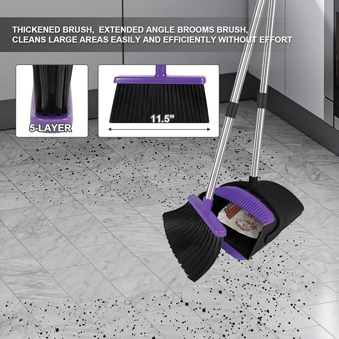 Broom with Dustpan Combo Set, 51" Household Dustpans and Broom, Standing Dust Pan Set for Home, Purple Cleaning Set for Kitchen Lobby Indoor Outdoor - NeatNest