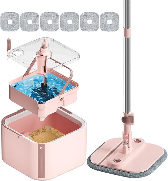KZKR Square Spin Mop and Bucket Set with Self Separation Dirty and Clean Water System,Self Wringing 360° Rotating Mops Head for Home Floors Cleaning (2.0 mop Bucket Set with 6 Pads) - NeatNest