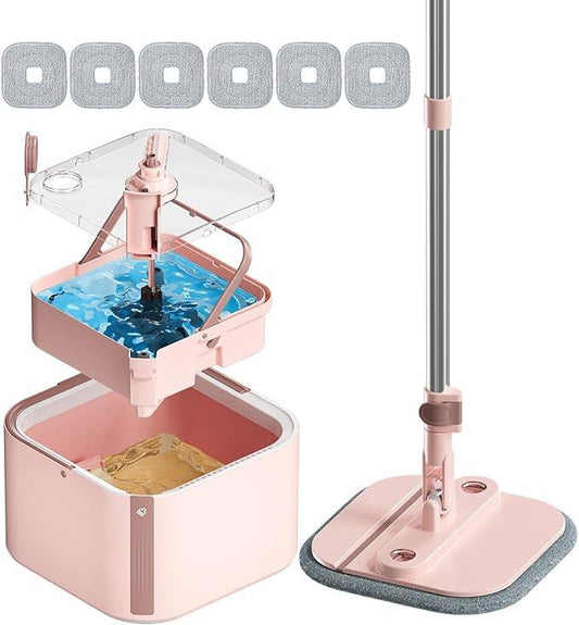 KZKR Square Spin Mop and Bucket Set with Self Separation Dirty and Clean Water System,Self Wringing 360° Rotating Mops Head for Home Floors Cleaning (2.0 mop Bucket Set with 6 Pads) - NeatNest
