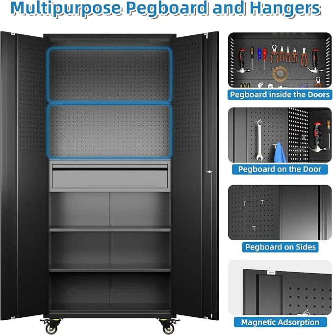 SUXXAN 71" Metal Garage Storage Cabinet with 16 Hooks and Pegboards,1 Drawer Inside Rolling Tool Storage Cabinet with Adjustable Shelves,3 Metal Hanging Rod for Garage,Warehouse - NeatNest