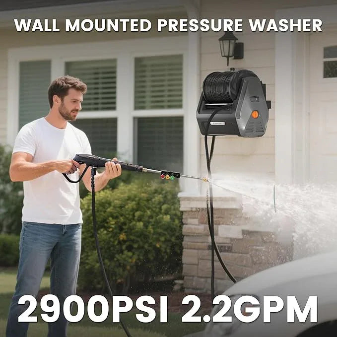 Giraffe Tools Grandfalls Pressure Washer G30B, Max 2900 PSI, 2.2 GPM, Electric Wall Mounted Pressure Washer with 100ft Black Pressure Hoses, Foam Cannon, 4-Nozzles for Car/Driveways, Dark Silver - NeatNest
