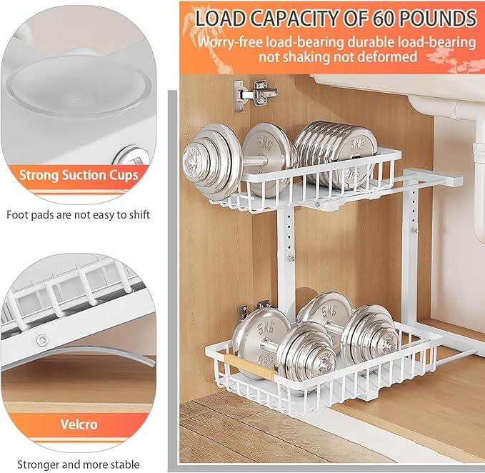 2 Pack 2 Tiers Pull Out Under Sink Organizers, Metal Kitchen Storage Shelf, Pull Out Under Sink Storage Rack, Multi-purpose Under Sink Shelf Organizer for Under Sink Cabinet Bathroom Kitchen (White) - NeatNest