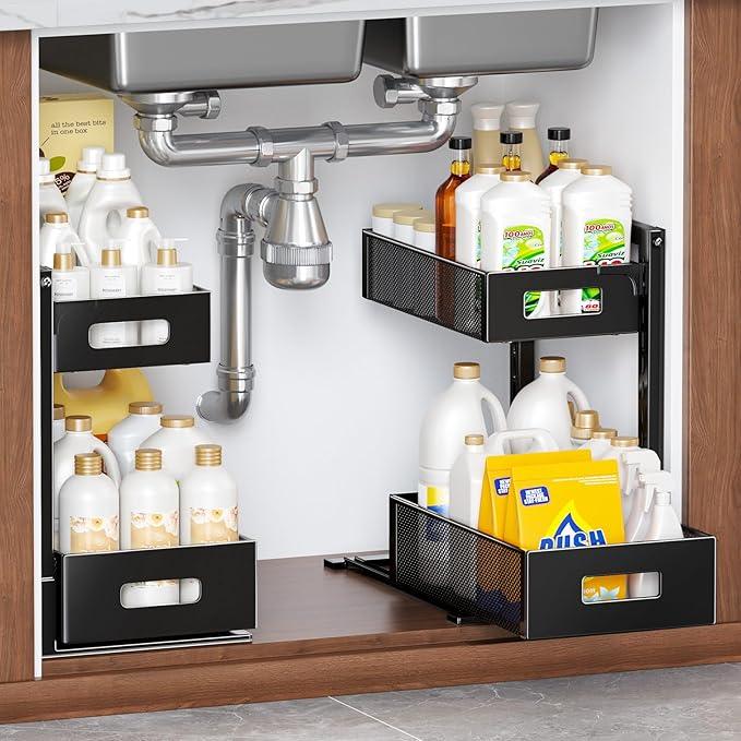 2 Pack Under Sink Organizer and Storage, Metal Under Kitchen Sink Organizer, Slide Out Bathroom Organizers and Storage, Undersink Organizers for Kitchen Bathroom Cabinet - NeatNest