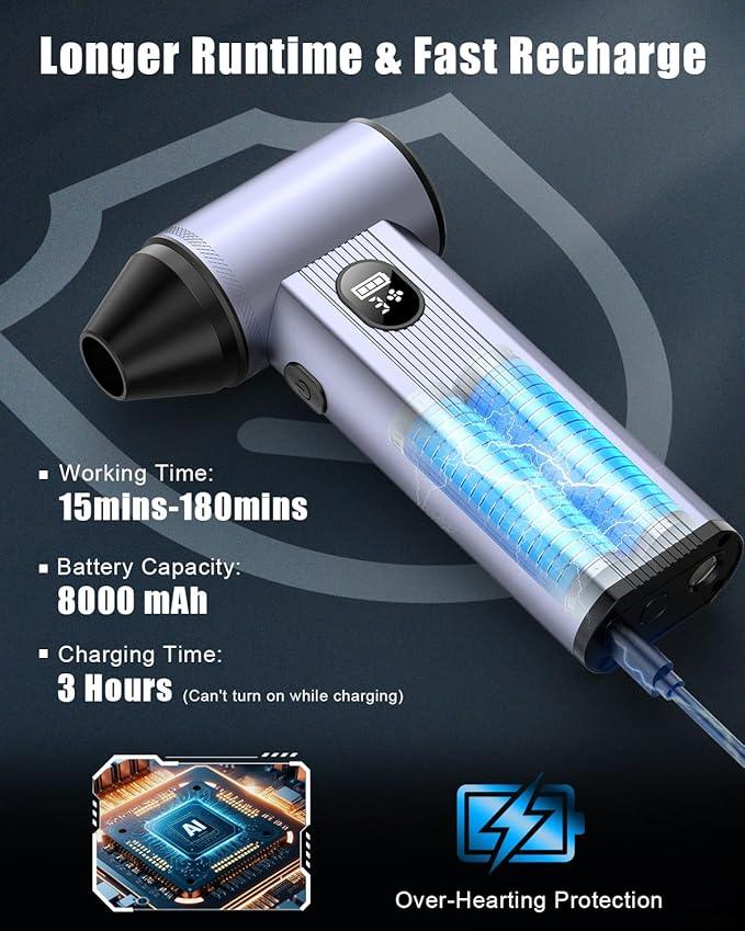 Compressed Air Duster with150,000RPM Brushless Motor, 8000mAh Battery, LED Light, 4-Gear Adjustable Electric Air Blower for Home, Car, Computer, Outdoor - NeatNest