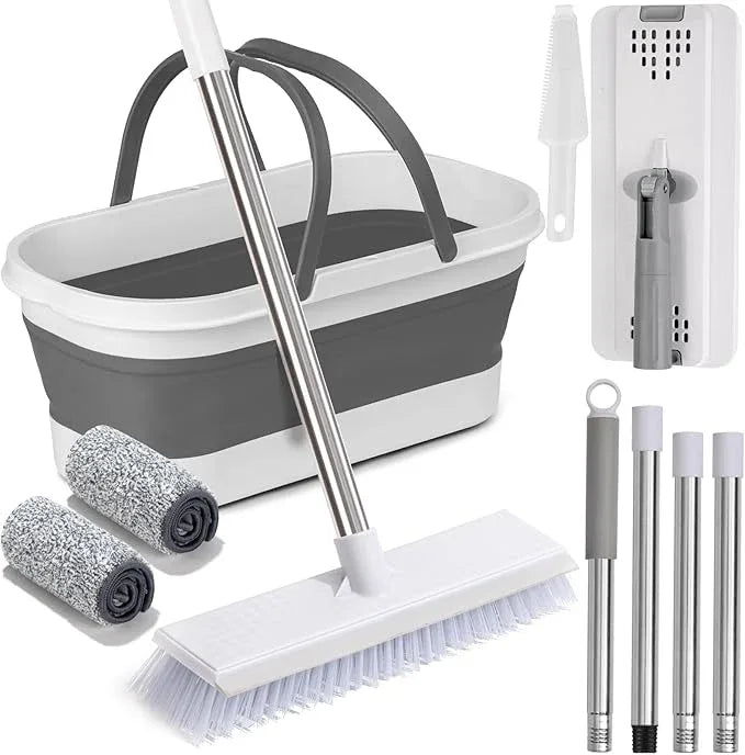 Flat Mop and Bucket Set with Heavy Duty Scrub Brush, 2 Washable Reusable Microfiber Pads, for Tile Hardwood, Wall Cleaning, Home Indoor or Outdoor Cleaning (White-Gray) - NeatNest
