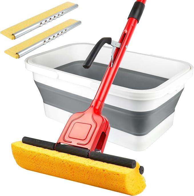 Compressed Cellulose Sponge Mop with 2 Roller swop mop Heads and 1 Bucket Suitable for Wood, Ceramic Tiles and Other Flat and Smooth Floors(1 Handle with 2heads and 1 Bucket) - NeatNest