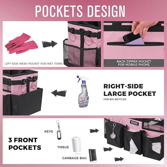 Wearable Cleaning Caddy Bag, Cleaning Caddy Supplies Organizer with Handle & Shoulder Straps for Housekeepers, Under Sink & Car Cleaning Tool Organizers with 4 Foldable Divider (SweetPink) - NeatNest