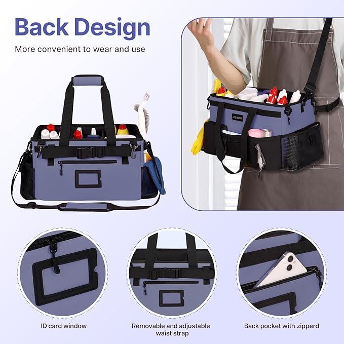 Large Wearable Cleaning Caddy Bags,Cleaning Supplies Storage Bag with Handles and Adjustable Shoulder Strap and Removable Waist Straps,Waterproof Cleaning Bags for Home,Car,Office (Denim Blue) - NeatNest