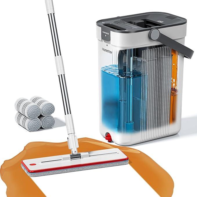 Mop and Bucket Set, Flat Mop and Bucket System with Separate Dirty and Clean Water, 3-Compartment Wall Cleaner Mop, Flat Mops for Floor Cleaning with 4 Microfiber Pads - NeatNest