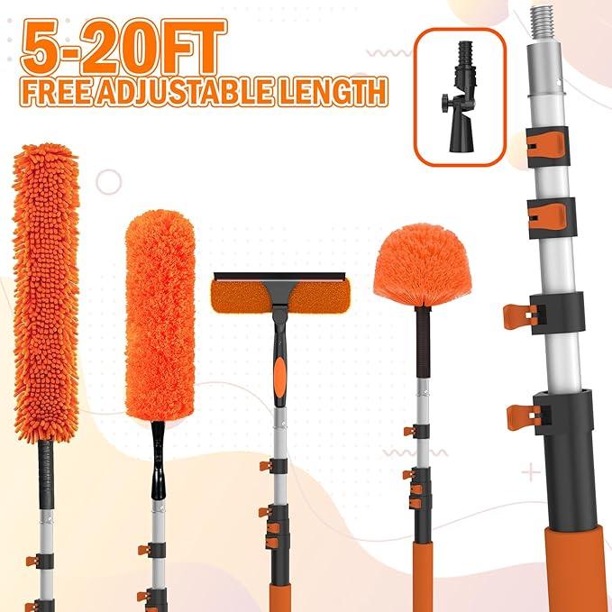 26FT High Reach Duster Cleaning Kit with Extension Pole, High Ceiling Fan Cleaner Duster Tool for Fan Blades, Window Washing Kit with Microfiber Feather Duster & Window Squeegee - NeatNest