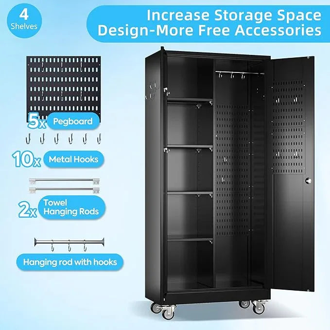 SUXXAN Broom Closet Storage Cabinet with Wheels 71.4"x 33.9"x16.9", Metal Cleaning Cabinets with Hooks and Hanging Rods, Lockable Cabinet with Pegboard, Adjustable Shelf,for Garage, Laundry Room - NeatNest