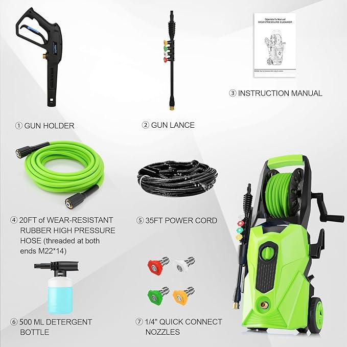 5000PSI Power Cleaner with 33FT Pressure Cleaner Hose, 4 Nozzles for Home/Car(Deep Green) - NeatNest