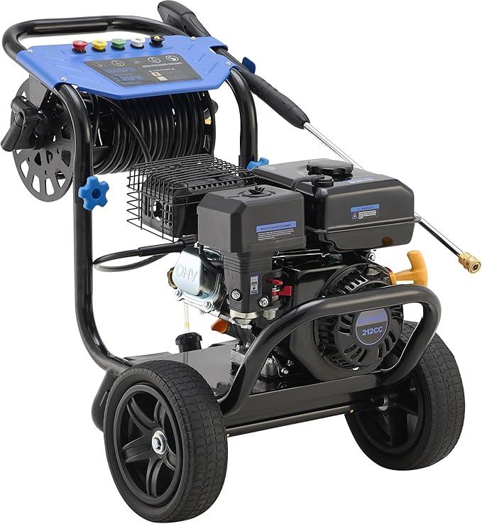 Gas Pressure Washer 3600 PSI, 2.3 GPM Heavy Duty High Power Washer,212CC Engine with 30FT Hose, Axial Aluminum Pump, Soap Tank, Spray Gun and Wand, 5 Quick Connect Nozzle (Blue) - NeatNest