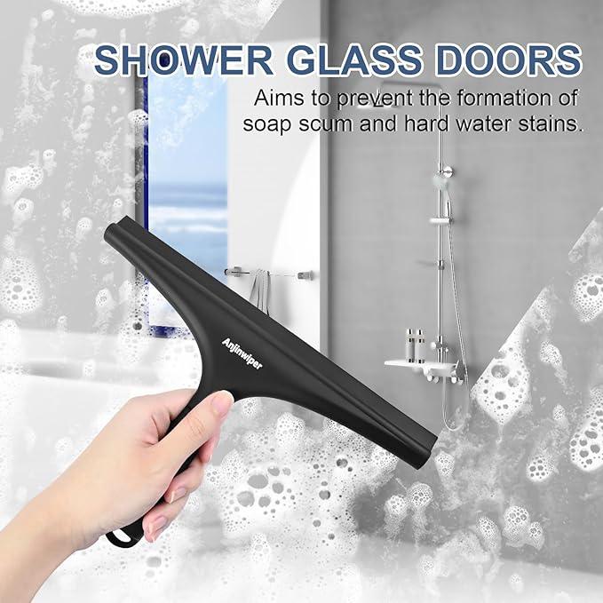 All-Purpose Shower Squeegee for Glass Doors with Hook, Silicone Squeegee for Shower Glass, Shower Doors, Windows, Bathroom, Mirrors and Tiles（10 inch, Black） - NeatNest