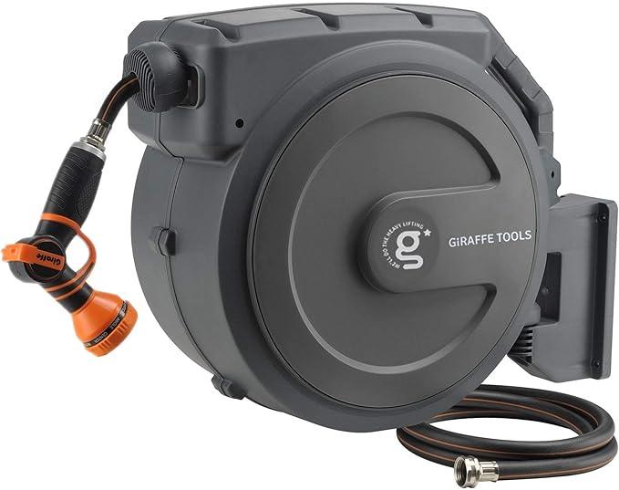 Giraffe Tools Retractable Garden Hose Reel 1/2 Inch x 130 ft, Super Heavy Duty, Any Length Lock, Slow Return System, Wall Mounted and 180 Deg Swivel Bracket - NeatNest