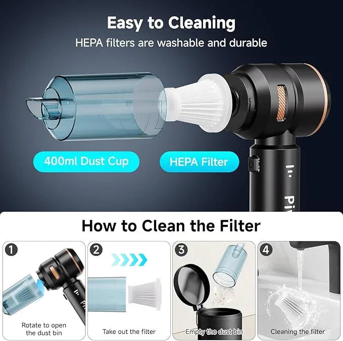 Handheld Vacuum Cordless, Car Vacuum Cleaner with Brushless Motor, Strong Suction Vacuum & Compressed Air Dusters with LED Light, Wireless Mini Portable Hand Vacuum Blower for Home, Pet (Black) - NeatNest
