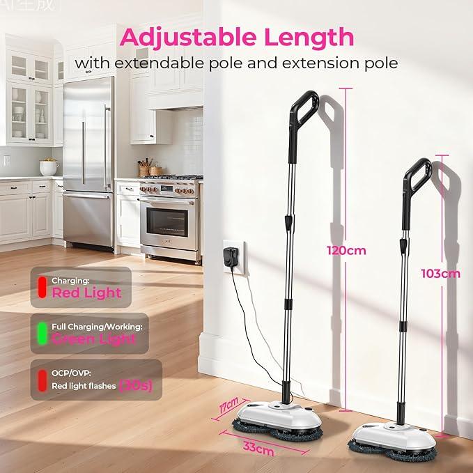 ScrubWiz Cordless Electric Spin Mop with Water Sprayer, Self-Propelled Floor Cleaner for Hardwood & Tile, Quiet Cleaning, Adjustable Handle, 2500mAh Long-Lasting Battery, 300ml Tank, Snow White - NeatNest