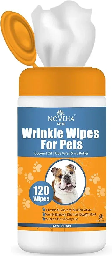 NOVEHA 120PCs - 5”x7” Large Dog Wipes | Wipes for Bulldog, French Bulldog, Pug, English Bulldog | Deodorizing, for Multiple Areas Removes Dirt, Wrinkles, Folds, Tear Stain, Tail Pockets & Paws - NeatNest