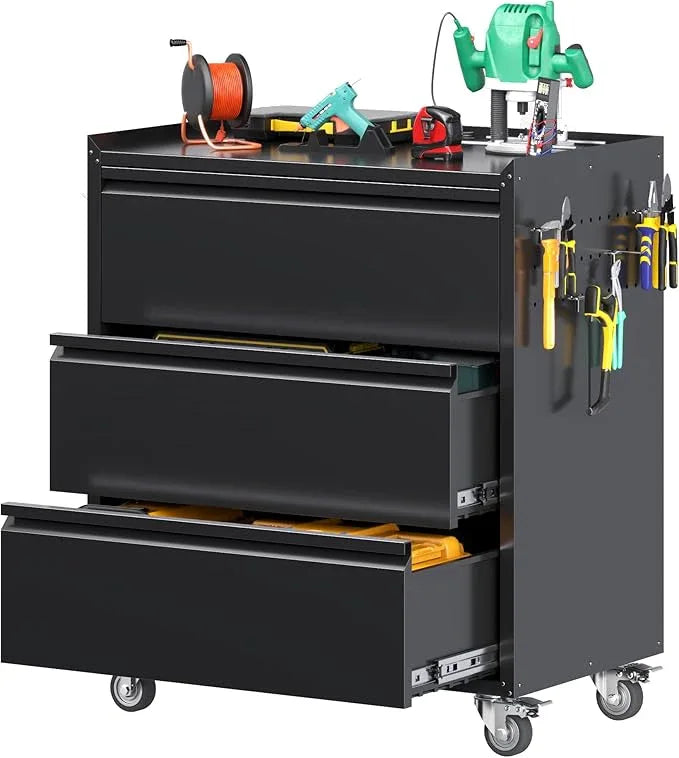 SUXXAN Metal Storage Cabinet with 3 Drawer and 4 Hooks,35.4" H Top Workbench Mobile Tool Chests Garage Cabinets with 4 Wheels,Tool Cabinets for Home,Office,Shop - NeatNest