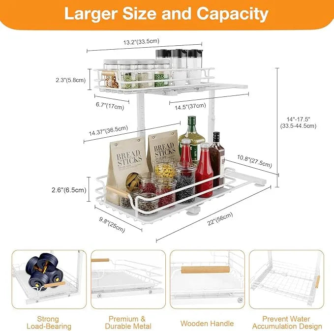 JYPS 2 Pack Under Sink Organizer, 2 Tier Pull out Under Kitchen Bathroom Sink Organizer and Storage, Metal Sliding Drawer for Cabinet Pantry Undersink Organizers Shelf - NeatNest