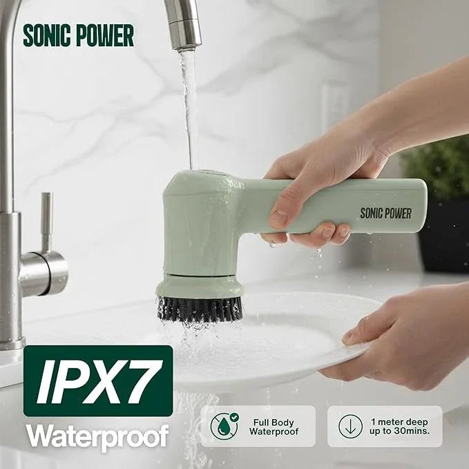 Electric Spin Scrubber – Handheld & Ergonomic, IPX7 Waterproof, 4 Multi-Purpose Brush Heads, Long-Lasting Rechargeable Battery – Cleans Dishes, Bathroom, Tile, Grout & Kitchen (Sage) - NeatNest