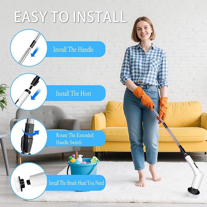 Spin Scrubber,9-In-1Multifunctional Cleaning Brush with Detachable Handle,9 Replaceable Brush Heads&LCD Display,Rechargeable Electric Spin Scrubber for Bedroom,Bathroom,Kitchen,Car - NeatNest