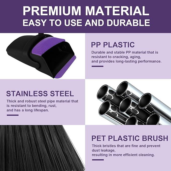 Broom with Dustpan Combo Set, 51" Household Dustpans and Broom, Standing Dust Pan Set for Home, Purple Cleaning Set for Kitchen Lobby Indoor Outdoor - NeatNest