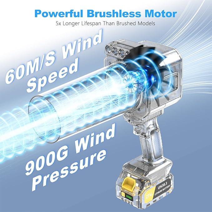 DEGGE Brushless Leaf Blower Cordless, Handheld Leaf Blowers with LED Work Light, Two Interchangeable Nozzles, Turbo Jet Blower for Lawn Care, Patio Cleaning, Garage Dust & Outdoor Use - NeatNest