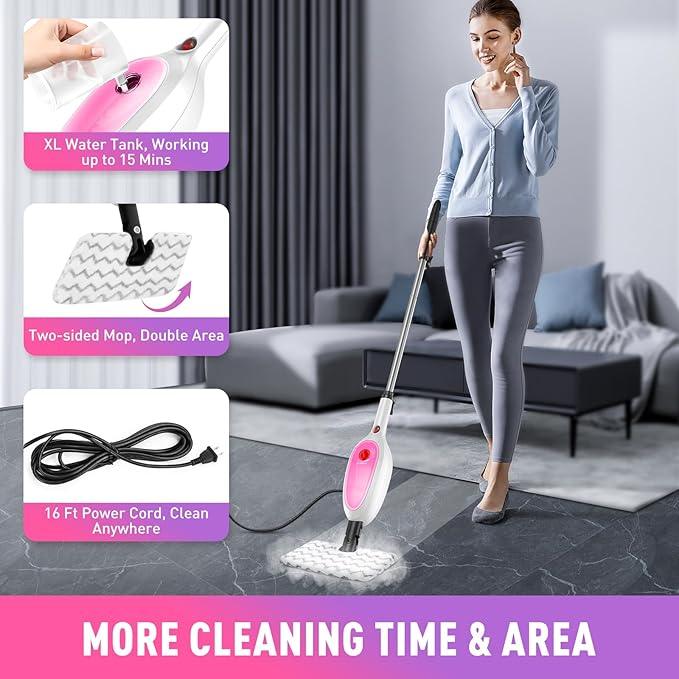 Steam Mop, Detachable Handheld Steam Cleaner with 10-in-1 Multipurpose Accessories, Two-sided Mop, Double Cleaning Area, Multi Surfaces Steamer for Wood Floor, Tile, Window, Clothes, Furniture & Grout - NeatNest
