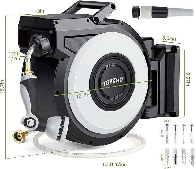 Tuyeho Retractable Garden Hose Reel 130 FT, Wall Mount Heavy Duty Water Hose Reels with Automatic Slow Rewind System, Outdoor Hoses Reel with 2 Hose Nozzles for Garden Watering, Car Wash, Pet Shower - NeatNest