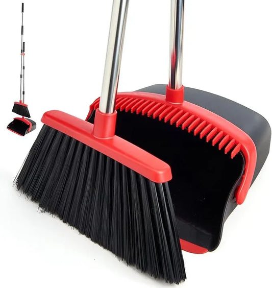 Broom and Dustpan Set with Long Handle, Heavy Dust Broom and Dustpan Combo for Home，Kitchen, Office, Pet Hair (Black Red) - NeatNest