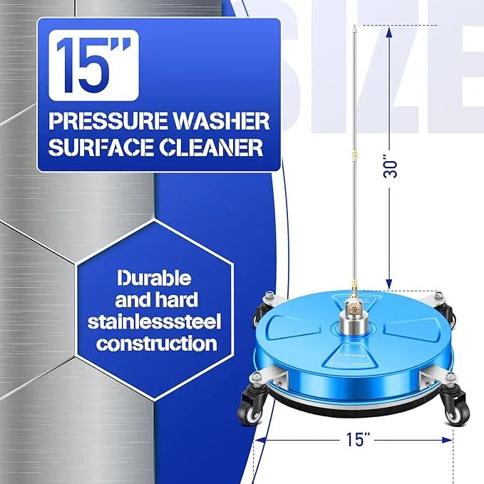 15" Pressure Washer Surface Cleaner with 4 Wheels - Coated Blue Stainless Steel Surface Cleaner for Pressure Washer Attachment for Concrete, Driveway, Patio, Sidewalk, Deck and Driveways - PWS15B - NeatNest