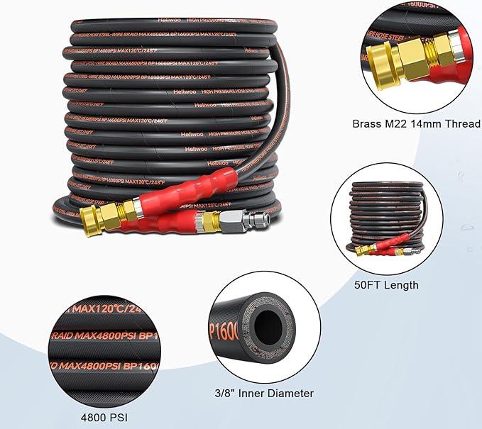 Pressure Washer Hose 50FT, 4800PSI Wire Braid Power Washer Extension Hose 3/8 Inch High Tensile, Flexible Kink Resistant Heavy Duty Replacement Hose with 3/8 Quick Connect - NeatNest