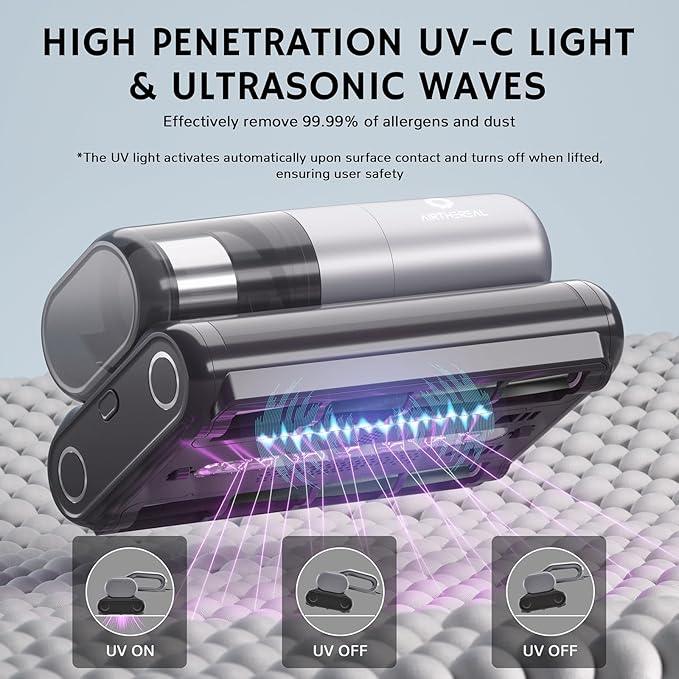 AIRTHEREAL M1 Mattress Vacuum Cleaner, 6 in 1 Bed Vacuum with High-Frequency Vibration - 80,000 RPM Dual Brushroll Rotation, UV-C Light, 14Kpa Suction, Dust Sensor, Ultrasonic and Heating Tech - NeatNest