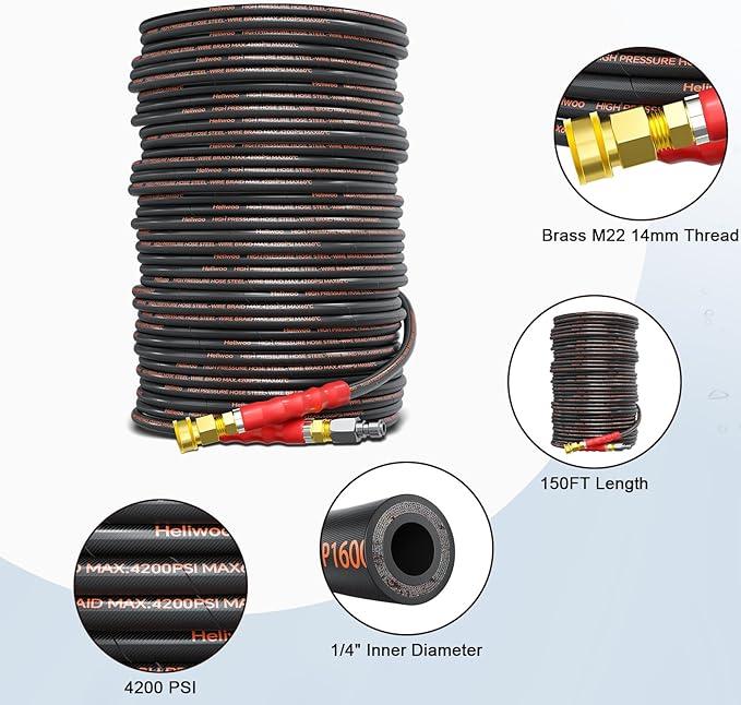 150ft Pressure Washer Hose 4200 PSI, Kink Resistant Industrial Grade Hose with 3/8 Quick Connect Ends and Adapters for Hot & Cold Water up to 140°F, Steel Wire Braided Hose for Power Washing - NeatNest