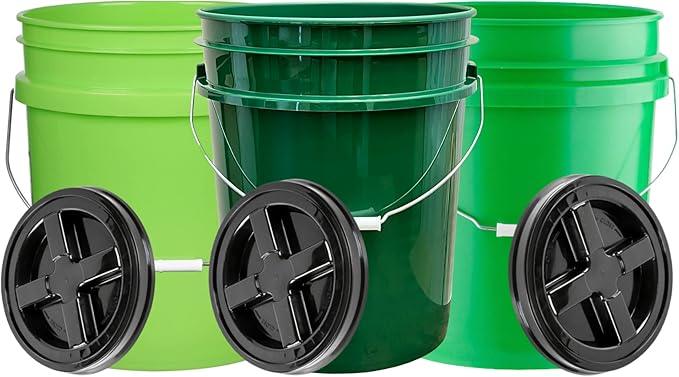 House Naturals 5 Gallon Plastic Green Bucket with Screw on Lid, Food Grade containers, Made in USA pails, Pack of 3 - NeatNest