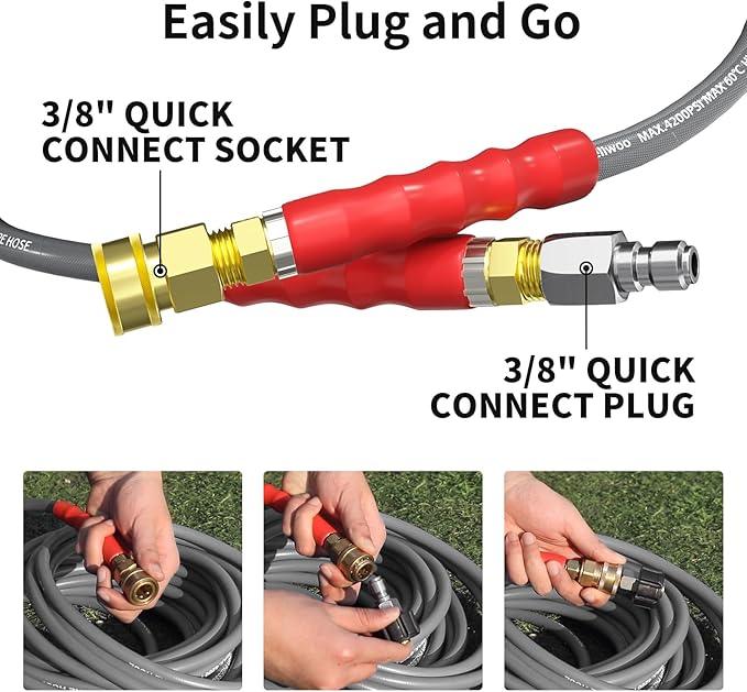 Pressure Washer Hose 50ft, 4200PSI Wire Braid Power Washer Extension Hose 1/4 Inch High Tensile, Flexible Kink Resistant Heavy Duty Replacement Hose with 3/8 Quick Connect - NeatNest